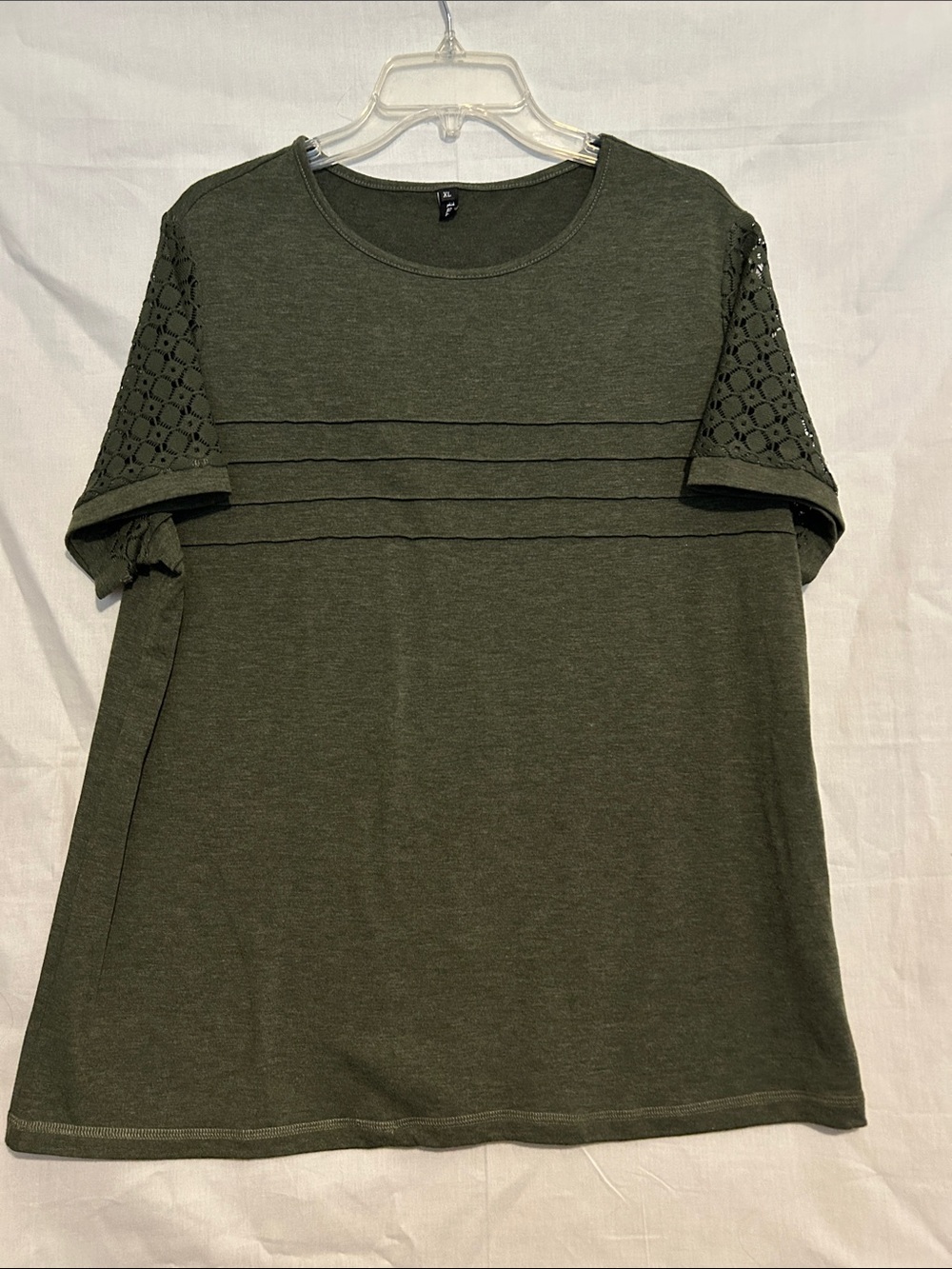 Olive Green Short Sleeve Knit Top with Lace Sleeves